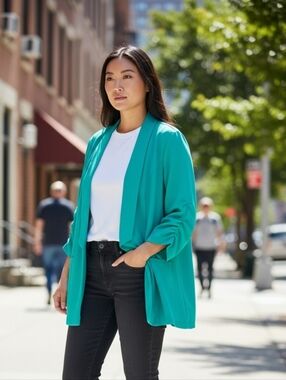 Torrid Open Front Blazer Green Ruched Sleeve Pockets Size 6X Lightweight Nwt